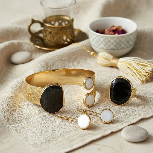 Turkish Artisan Luxury Jewelry Set 18K Gold Plated Brass Genuine Gemstones - Picture 4 of 11